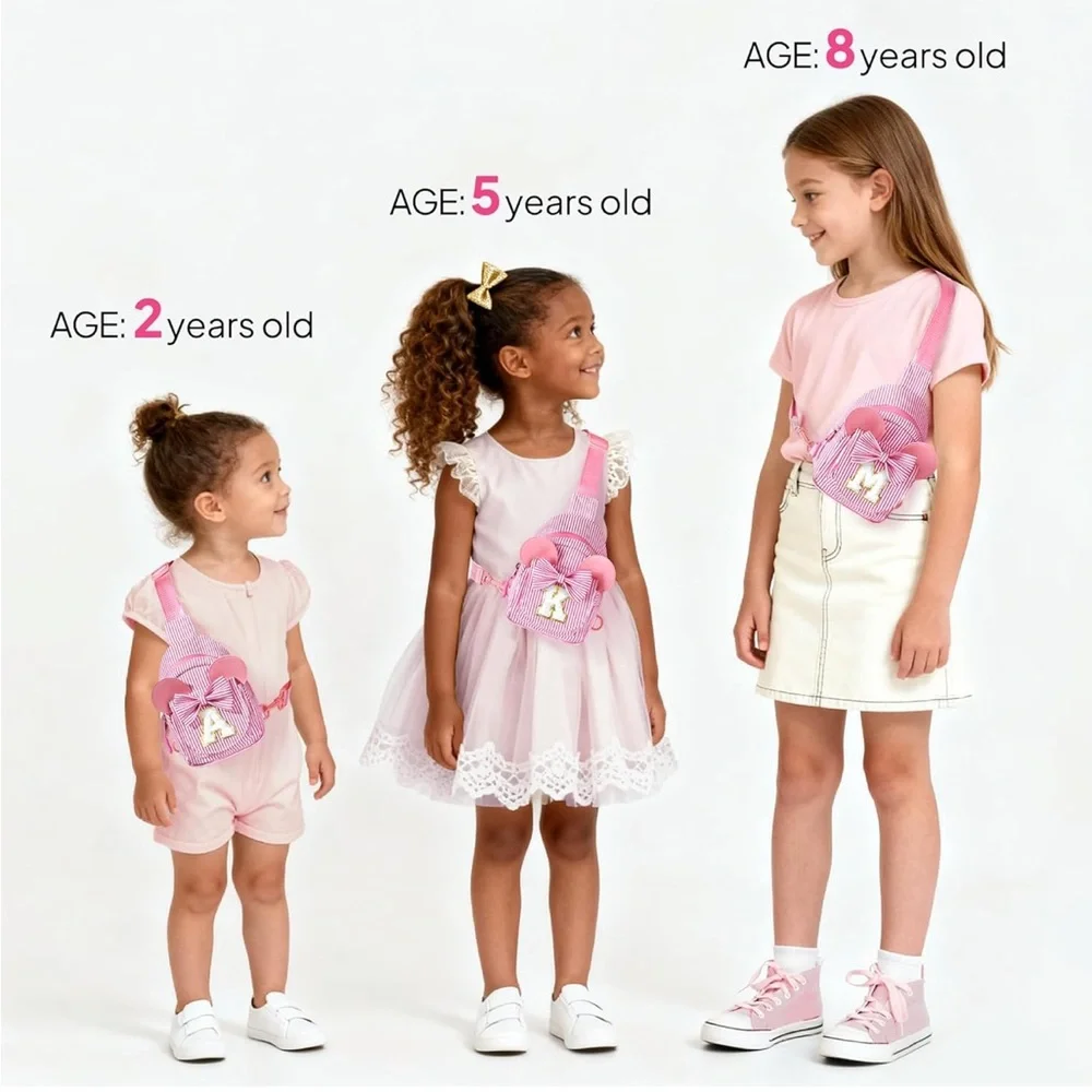 Pink Initial ‘E’ Striped Reversible Crossbody Sling Bag Backpack Girls Bow Bag